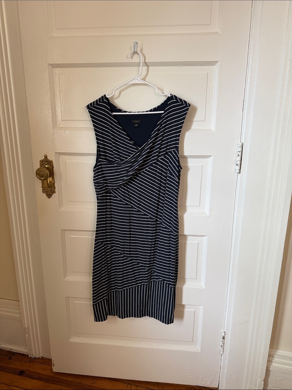 Ann Taylor Navy and White Striped Faux-Wrap Midi Dress